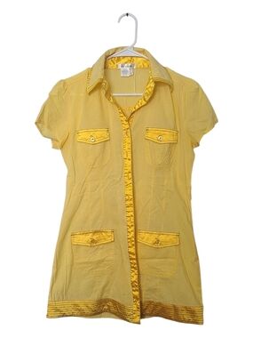 Yellow Short-Sleeve Button-Front Shirt Dress with Satin Trim